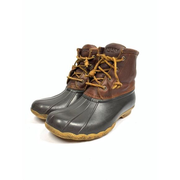 Sperry Women Black with Brown Leather Duck Boots Leather Laces Size 7.5 - Picture 3 of 6